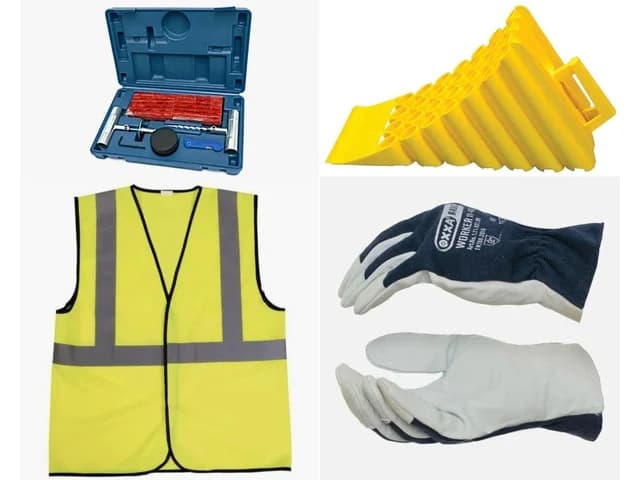 Drive safe package Opvallende Veiligheidsvest - 56 delige Bandenreparatieset - Werkhandschoenen - Wielblok met handgreep
